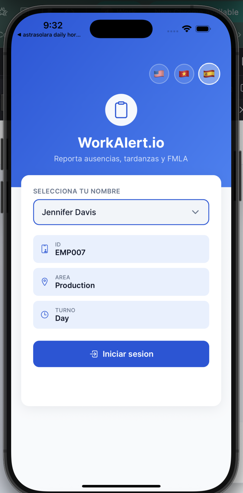 WorkAlert App Interface